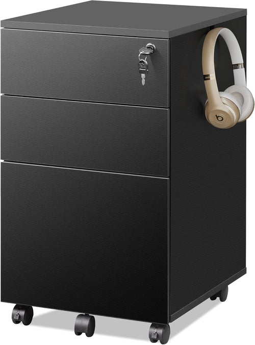 3 Drawer Lockable File Cabinet Under Desk Rolling Black Fits Letter