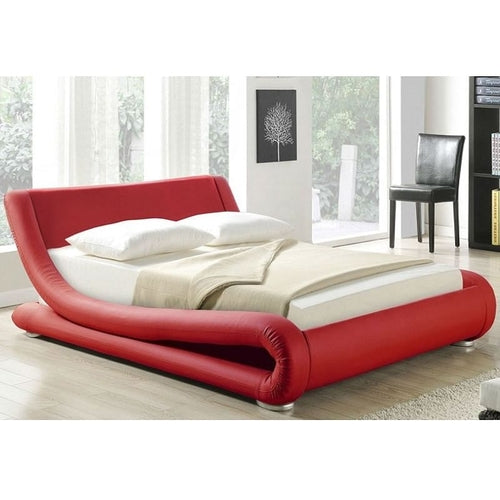 King size Modern Red Faux Leather Upholstered Platform Bed with Curved