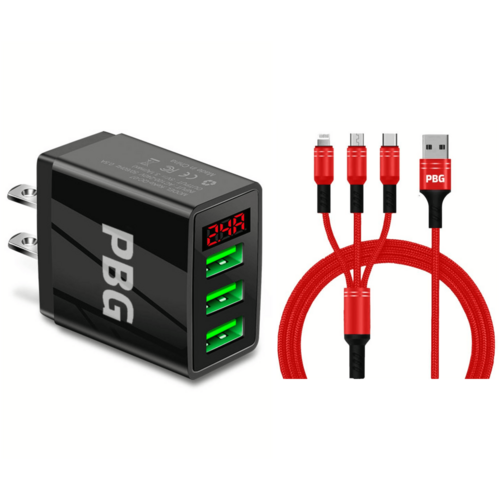 3 port LED Display Wall Charger and 3 in 1 Cable Bundle Red