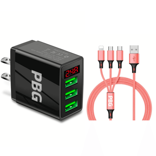 3 port LED Display Wall Charger and 3 in 1 Cable Bundle Pink