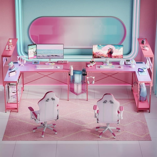 Gaming Desk 51" L-Shaped, with Power Outlets & LED Lights- 4 Tier