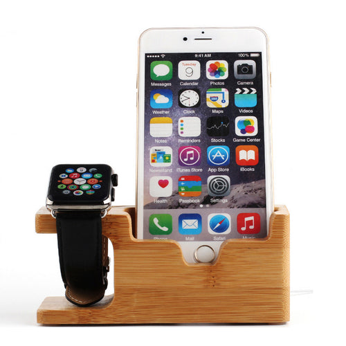 2 in 1 Bamboo Wood Charging Station Stand 3 USB for iPhone & Apple Watch