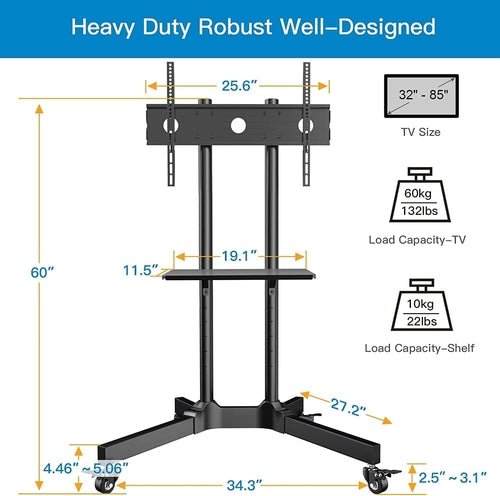 Rolling TV Stand for 32-85 Inch Tvs Holds up to 132 Lbs, Height