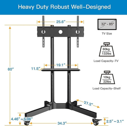 Rolling TV Stand for 32-85 Inch Tvs Holds up to 132 Lbs, Height