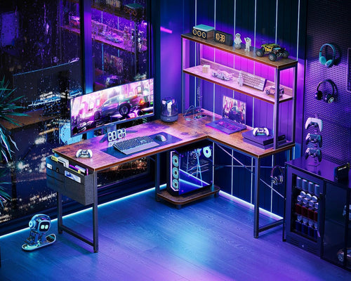 L Shaped Desk Gaming Desk with LED Light & Power Outlet, 53 Inch