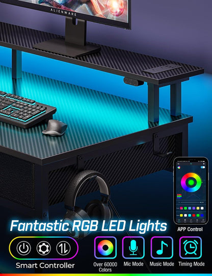 Computer Desk with Power Outlets & LED Light, 47 Inch Home Office Desk