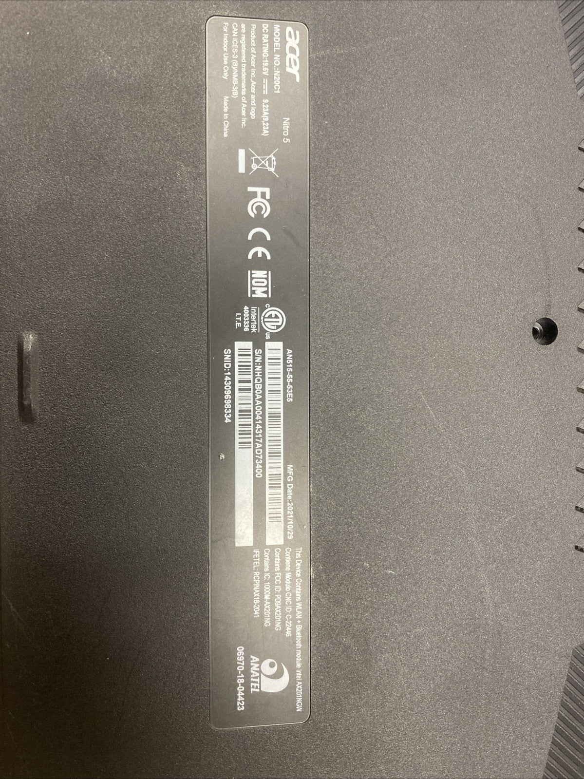 Acer Nitro 5 N20C1 AN515-55-53e5 Bottom Base