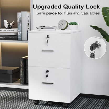 2 Drawer File Cabinet with Lock, Wood Grain White File Cabinet for