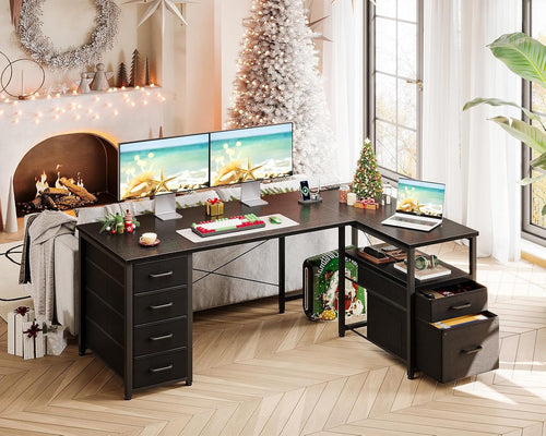 L Shaped Computer Desk with 6 Drawers & Power Outlet, 55 Inch Corner