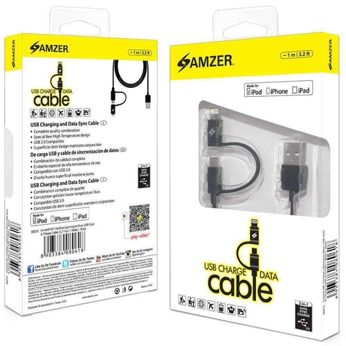 Amzer Apple MFi Certified 2-1 Sync & Charge Lightning cable with Micro USB
