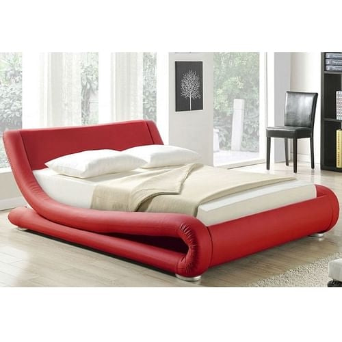 King size Modern Red Faux Leather Upholstered Platform Bed with Curved