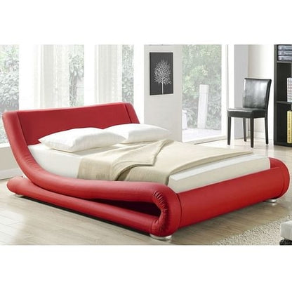 King size Modern Red Faux Leather Upholstered Platform Bed with Curved