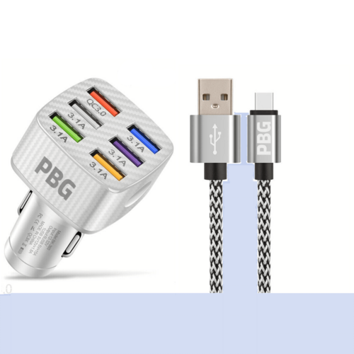 PBG LED 6 Port Car Charger and 10FT XL Zebra Charger Compatible for