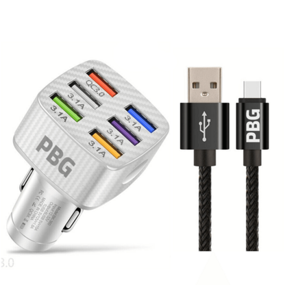 PBG LED 6 Port Car Charger and 10FT XL Zebra Charger Compatible for