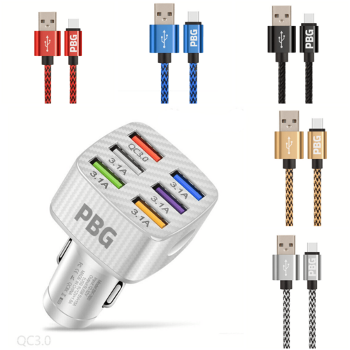 PBG LED 6 Port Car Charger and 10FT XL Zebra Charger Compatible for