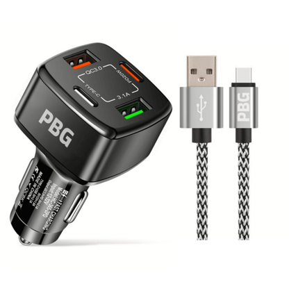 PBG Black PD 4-Port Fast Car Charger with 10FT Zebra Style Wire iPhone