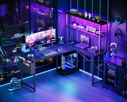 L Shaped Desk Gaming Desk with LED Light & Power Outlet