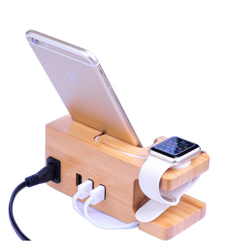 2 in 1 Bamboo Wood Charging Station Stand 3 USB for iPhone & Apple Watch