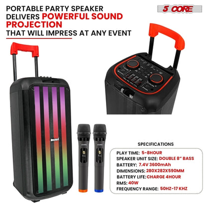 5Core Bluetooth Party Speaker 8 inch PA RGB Partybox Karaoke Machine +