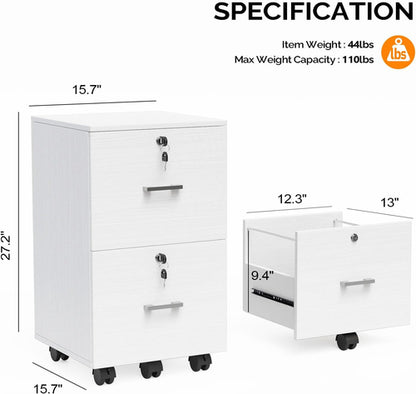 2 Drawer File Cabinet with Lock, Wood Grain White File Cabinet for