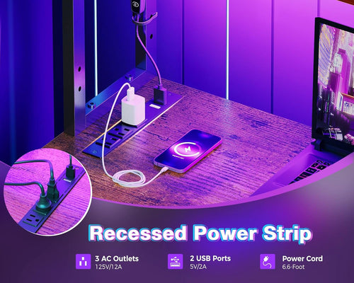 L Shaped Desk Gaming Desk with LED Light & Power Outlet, 53 Inch