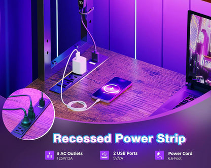 L Shaped Desk Gaming Desk with LED Light & Power Outlet, 53 Inch