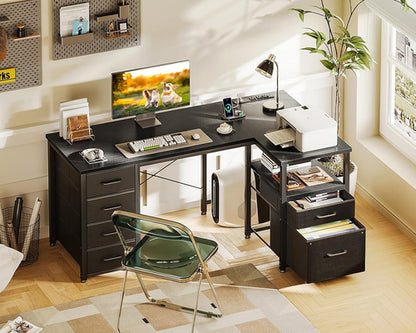 L Shaped Computer Desk with 6 Drawers & Power Outlet, 55 Inch Corner