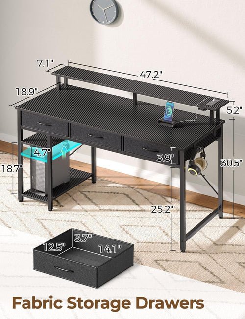 Computer Desk with Power Outlets & LED Light, 47 Inch Home Office Desk
