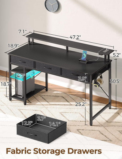 Computer Desk with Power Outlets & LED Light, 47 Inch Home Office Desk