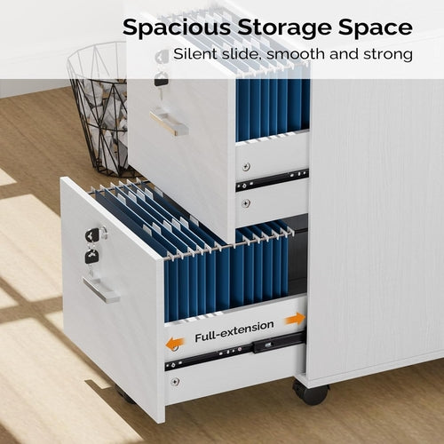 2 Drawer File Cabinet with Lock, Wood Grain White File Cabinet for