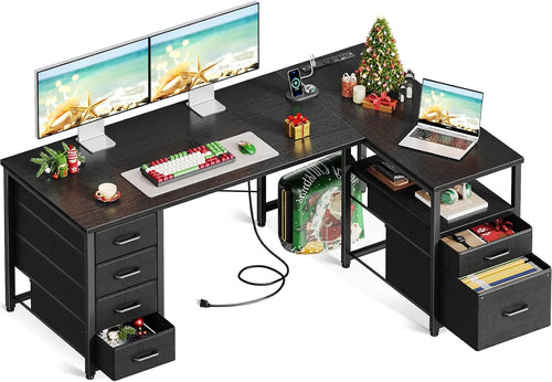 L Shaped Computer Desk with 6 Drawers & Power Outlet, 55 Inch Corner
