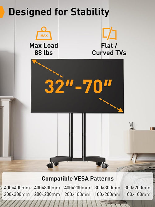 Rolling TV Stand, Mobile TV Stand with Wheels for 32-70 Inch Tvs,