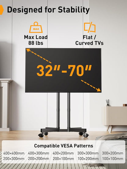 Rolling TV Stand, Mobile TV Stand with Wheels for 32-70 Inch Tvs,