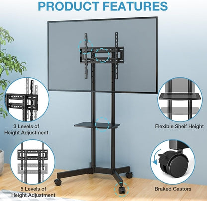 Rolling TV Stand for 32-75 Inch TVs with Shelf