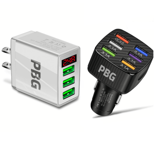 PBG 3 Port LED Voltage Wall Charger and 6 Port Car Charger