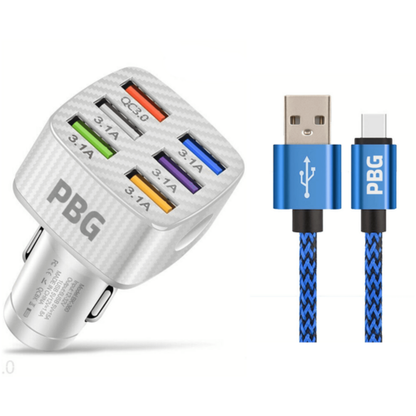 PBG LED 6 Port Car Charger and 10FT XL Zebra Charger Compatible for